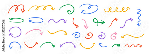Hand drawn crayon wavy arrow collection. Color curved, zig zag and squiggle doodle arrows set. Charcoal sketch pointers and direction lines. Vector pastel pencil, chalk or marker brush stroke elements