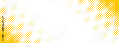 Slash yellow halftone gradient texture. Fading cartoon polka dot background. Dotted corner gradation pattern. Fading comic pop art overlay backdrop. Vector slant frame halfton patern effect wallpaper