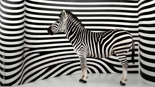 A zebra stands against a black-and-white striped background, blending with the optical illusion patterns around it.