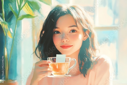 Serene Girl with Tea: Soft Light, Impressionistic Style