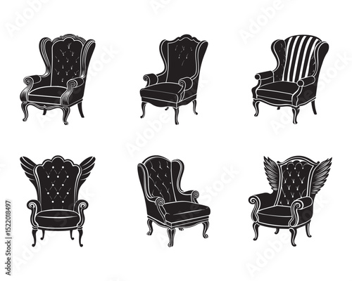 Four black and white silhouette illustrations of wingback chairs with varying design details