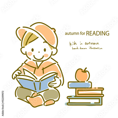 読書の秋　秋を楽しむ男の子　シンプルでかわいい水彩風手描きイラスト