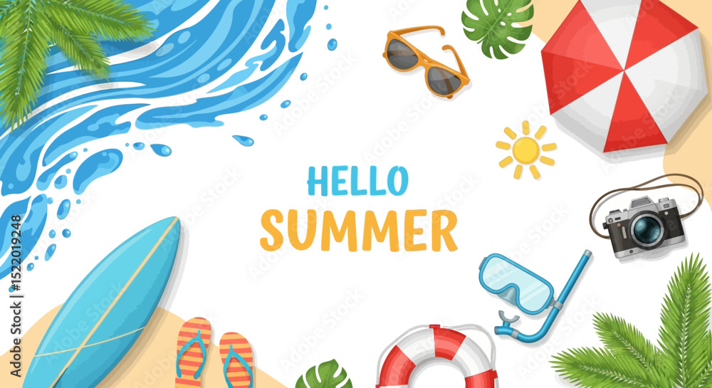 Obraz premium Flat Design Summer Beach Background with Holiday Elements – Hello Summer Vector Illustration