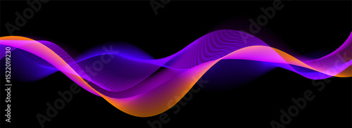 Smooth neon sound wave on black background. Abstract flowing wavy lines design for ai concept, eq equalizer, audio record, voice assistant. Orange blue purple gradient curve stripe wallpaper. Vector