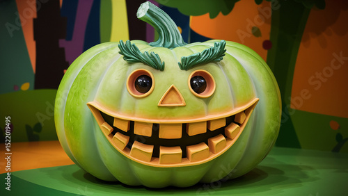 Gigantic grinning green halloween pumpkin decoration