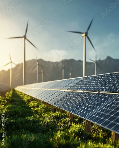 Solar panels and wind turbines generate clean energy in a green field with mountains in the background at sunrise