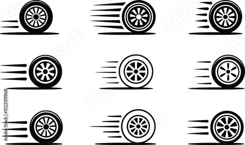 Set of isolated car wheels with motion trails representing speed and movement in a simplified black and white illustration