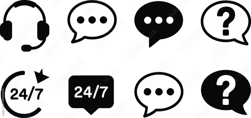 A collection of support icons featuring headphones, chat bubbles, question marks, and always available availability for customer service A collection of support icons featuring headphones, chat bubbles, question marks, and always available availability for customer service