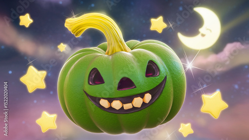 Happy green pumpkin halloween night sky stars moon