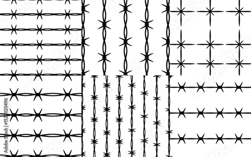 Black and white vector illustration showcasing various arrangements of barbed wire patterns and textures on a clean white background