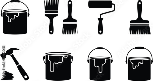Black and white silhouettes of painting tools paint buckets brushes roller hammer and painting accessories