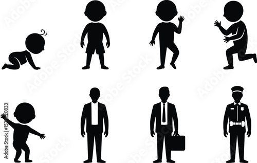 Illustrated silhouettes showing stages of human life and professional roles on white background for design and education.