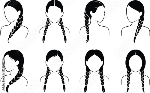Vector illustration collection depicting various braided hairstyle styles for women in black and white outlines