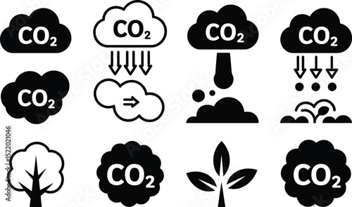 Conceptual icon set depicting carbon dioxide emissions atmospheric pollution and environmental impact in a sustainable context