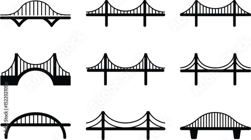 Collection of simple black and white bridge icons in various architectural styles perfect for graphic design projects