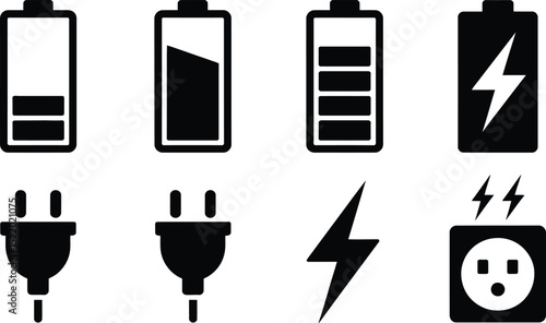 Collection of simplified black and white battery icons and electrical symbols for power charging and energy availability