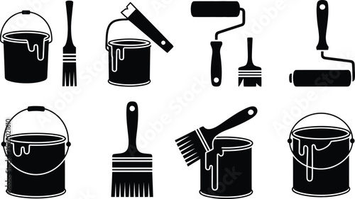 Collection of vector black and white painting tools depicting paint brushes paint buckets and paint rollers for construction