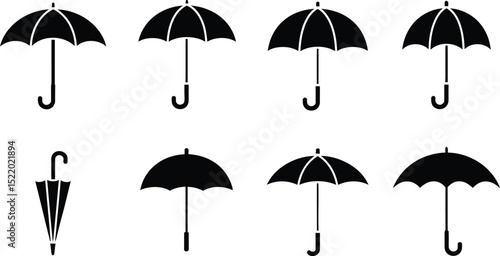 Vector illustration collection of various umbrella shapes and styles in black color perfect for design projects