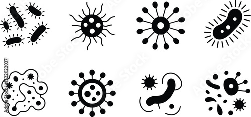Simple black and white vector illustrations of various microorganisms representing bacteria and viruses