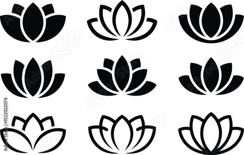 Nine black and white lotus flower designs in vector format for logos decoration and spiritual themes
