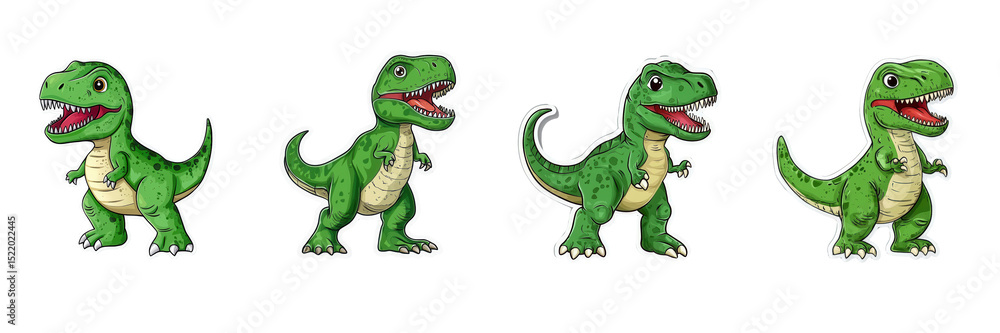 Naklejka premium Adorable Cartoon Baby Dinosaurs Set Green T Rex Collection Cute Prehistoric Animals Illustration