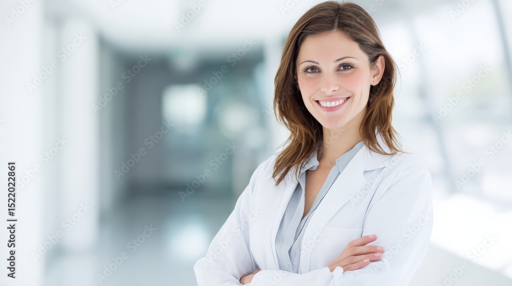 A confident female doctor in a white coat smiles in a bright, modern medical facility. A confident female doctor in a white coat smiles in a bright, modern medical facility.
