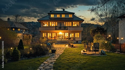 A stately home at twilight, illuminated by warm evening light