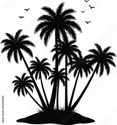 Palm trees silhouette with birds flying in the sky