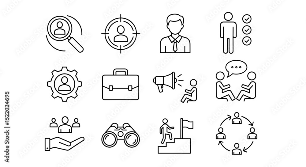 Fototapeta premium Collection of business and human resources line icons representing various concepts and activities on transparent background