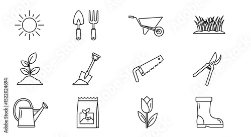 Collection of gardening tools and plants in outline style showing various equipment and flora items on transparent background
