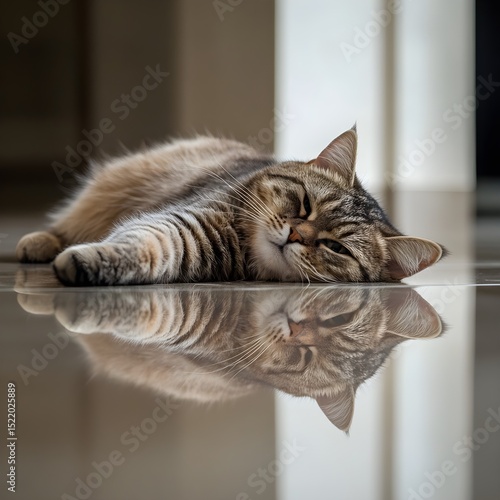 A relaxed cat lying on a shiny floor, with a clear reflection visible. feline mischief concept