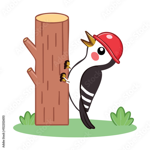 Cartoon of a woodpecker wearing red hat, pecking a tree with glee