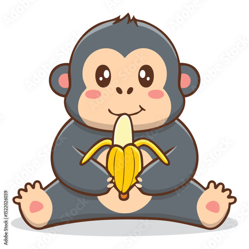 A cute cartoon monkey happily eating a banana