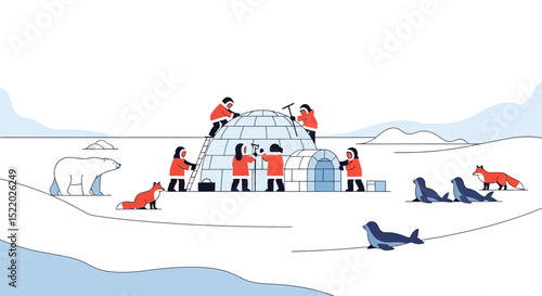 Arctic Teamwork Building an Igloo in the Polar Landscape