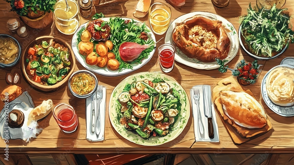 A vibrant array of dishes on a wooden table A vibrant array of dishes on a wooden table