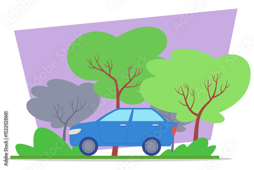 Bright blue car parked under canopy of vibrant green trees against background of stylized shapes, enhancing colorful scene