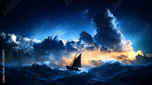 Silhouette Sailboat On Stormy Sea At Night With Stars