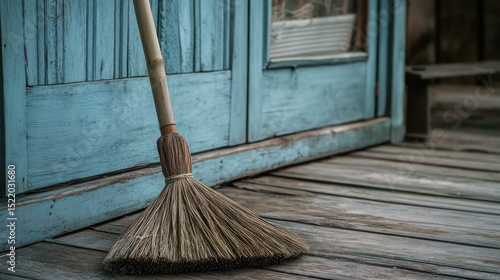 Wallpaper Mural A worn broom leans against a weathered blue wooden door Torontodigital.ca