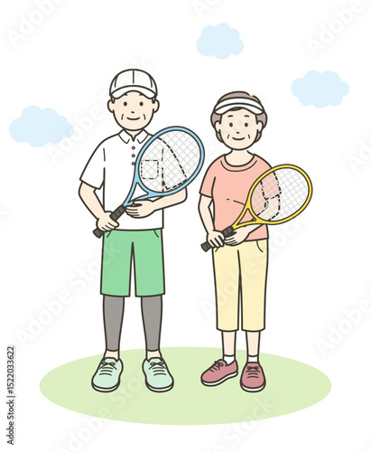 趣味のテニスを楽しむ高齢夫婦の全身イラスト
