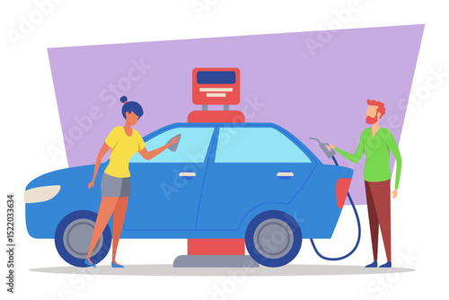 Couple engaged in maintaining their vehicle at gas station. Woman washing car, while man filling up gas tank