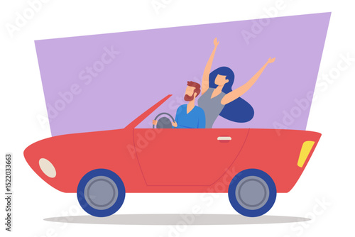 Two friends joyfully riding in red convertible. Driver focused on road, while passenger raising their arms in excitement, surrounded by bright background