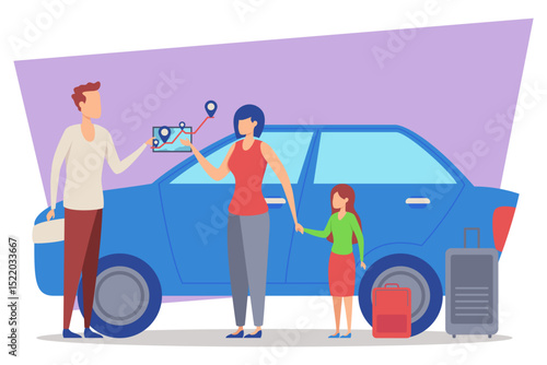 Family standing next to blue car while planning road trip. Father holding map, while mother and daughter discussing route. Luggage ready for travel