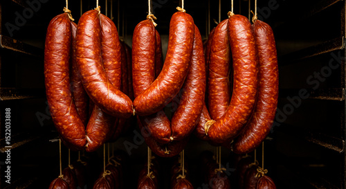 Smoked Sausages: Cured and hung up to dry, these links of sausage await their destiny in a butcher's shop or a delicatessen.