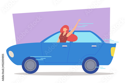 Woman with red hair joyfully leaning out of blue cars window while driving. Girl raising her arm in excitement as vehicle speeding along road against colorful backdrop