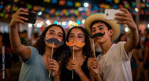 Friends having fun at an outdoor festival, taking a selfie with fake mustaches and a straw hat under festive string lights.