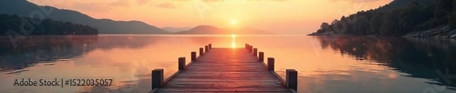 Tranquil scene of a wooden dock extending over calm water towards a serene shoreline, bathed in the soft glow of sunrise , beautiful, seascape