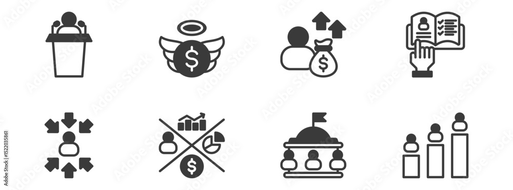 Naklejka premium public figure, investor, angel investor, instruction, stakeholders alignment, stakeholders metric, government, and stakeholders ranking. Simple vector black illustration.