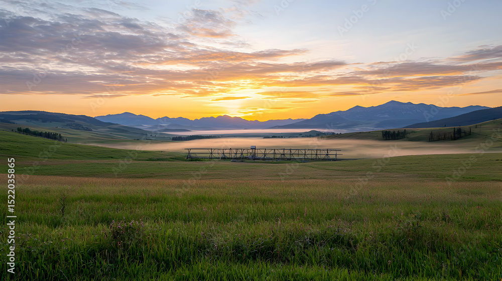 Sunrise Over Misty Meadow And Mountains Sunrise Over Misty Meadow And Mountains