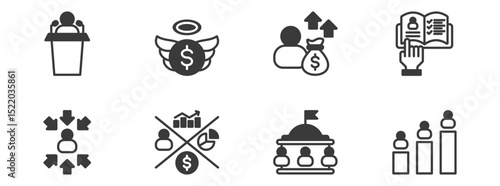 public figure, investor, angel investor, instruction, stakeholders alignment, stakeholders metric, government, and stakeholders ranking. Simple vector black illustration.