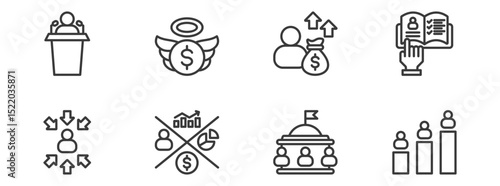 public figure, investor, angel investor, instruction, stakeholders alignment, stakeholders metric, government, and stakeholders ranking. Simple vector outline illustration.